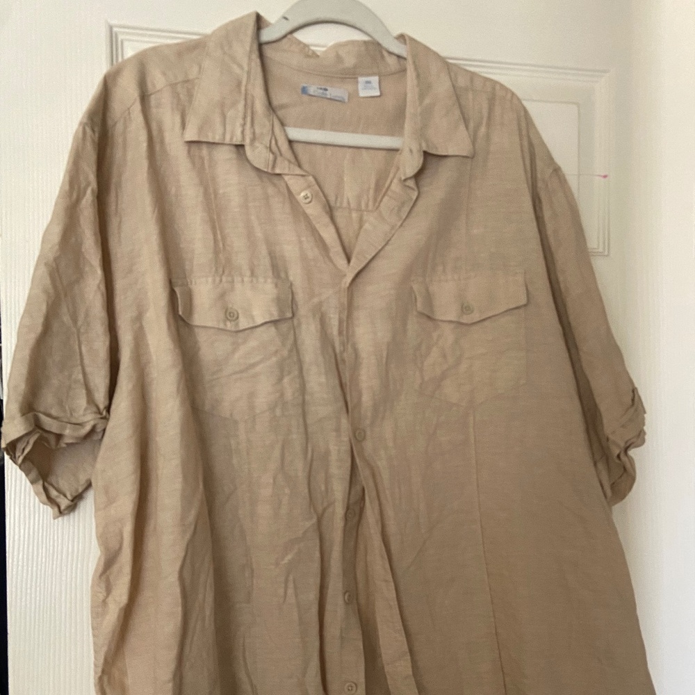 Cafe Luna Short Sleeve Button Down Beige Shirt Linen Blend Size 2X lightweight